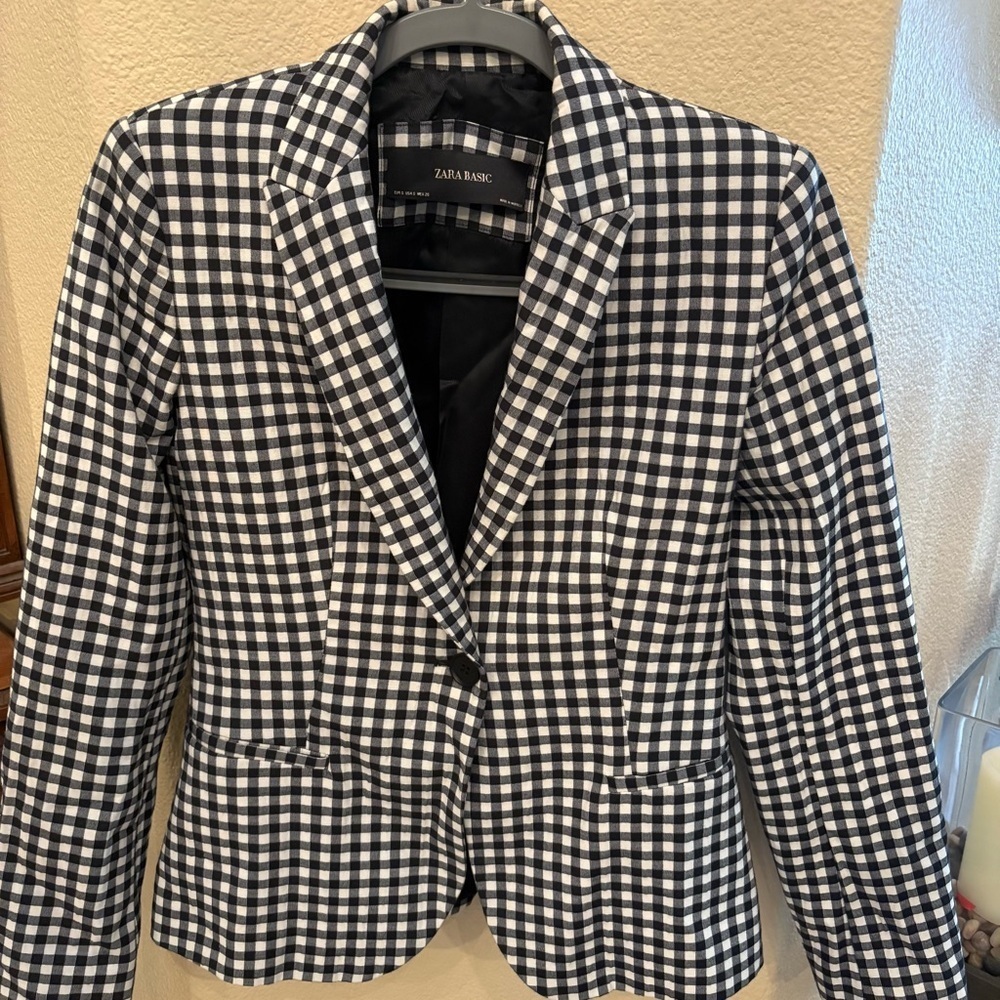 ZARA Women Black White Gingham Blazer Size Small - Picture 2 of 5